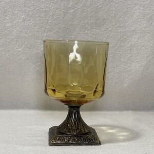 Vtg Amber Glass & Brass Pedestal Votive Candle Holder Tea Light Goblet 60s 70s